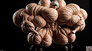 2B transforms into muscular giantess at pump factory in tall bodybuilder AI animation