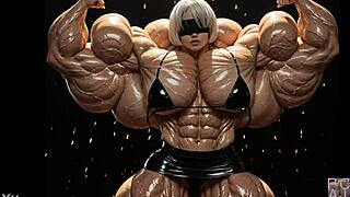 2B transforms into muscular giantess at pump factory in tall bodybuilder AI animation
