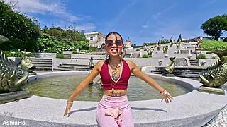 Daddy pounds petite teen ass outdoor cumshot dripping on Sentosa beach!