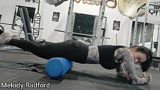 muscular milf bodybuilder slut mummified during gym workout