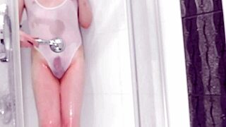 eronekokun looks so cute in that transparent swimsuit jerking off with his anal toy in the shower