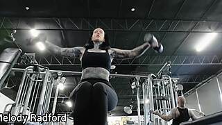 muscular milf bodybuilder slut mummified during gym workout