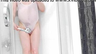 eronekokun looks so cute in that transparent swimsuit jerking off with his anal toy in the shower