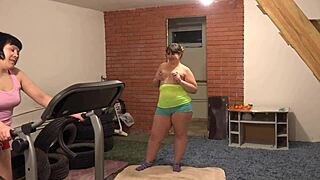 hey babe fitness session turns into hot lesbian lick fest on fatty girlfriend's hairy pussy with wild orgasms 😍💦👅