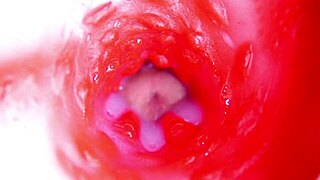 close up camera inside oiled redhead fuck doll pussy as machine pounds toward creampie orgasm in 4k