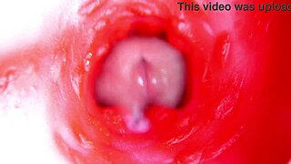 close up camera inside oiled redhead fuck doll pussy as machine pounds toward creampie orgasm in 4k