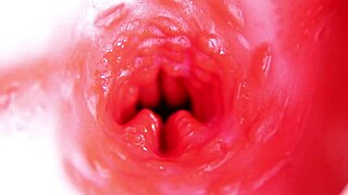 close up camera inside oiled redhead fuck doll pussy as machine pounds toward creampie orgasm in 4k