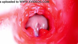 close up camera inside oiled redhead fuck doll pussy as machine pounds toward creampie orgasm in 4k