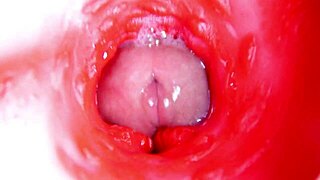 close up camera inside oiled redhead fuck doll pussy as machine pounds toward creampie orgasm in 4k