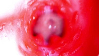 close up camera inside oiled redhead fuck doll pussy as machine pounds toward creampie orgasm in 4k