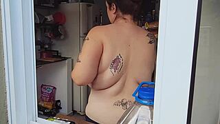 Neighbor's chubby brunette with big natural tits and hairy pussy caught fully naked at last