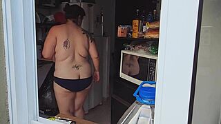 Neighbor's chubby brunette with big natural tits and hairy pussy caught fully naked at last