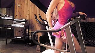 Blonde milf licks and rides asian stepson's cock in private gym.