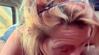 Hooker deepthroats in car then bends for public bareback pounding ending in cum-guzzling finish