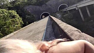 whoa babe, fat blonde milf in miniskirt gets bent over for public bareback pounding on the street! 💦🍑