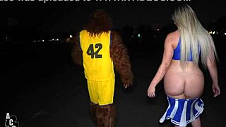 teen cheerleader trixi brooks with gibby the clown in halloween outdoor public cosplay bent over doggystyle