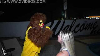 teen cheerleader trixi brooks with gibby the clown in halloween outdoor public cosplay bent over doggystyle