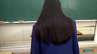 professor bends asian cutie over desk, drills pussy deep and creampies her