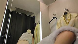 Holy fuck, hidden cam catches blonde flashing big tits and pussy in fitting room upskirt!