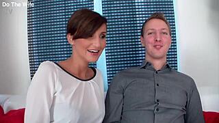 Short haired wife Gabrielle Gucci rides huge black cock while husband watches.