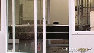 tall skinny babe loves deepthroat pounding and cum on small tits!