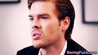 This classy Euro babe in maid uniform gets her big tits glazed with cum after group fun