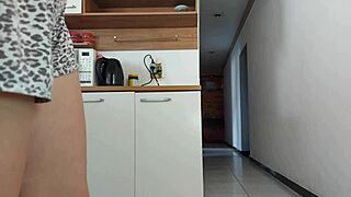 brazilian wife bareback fucks friend's monster cock in kitchen while husband showers