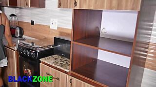 stepmom shows off her sweet ebony pussy in homemade kitchen interview