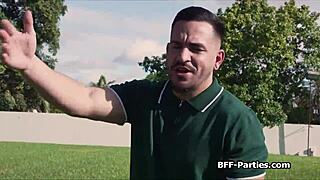 Three babes in spandex share trainer's hard cock for golf course 4some pounding!