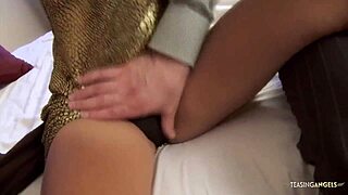 😩 slut in golden dress moans loud riding cock fingering her wet vagina