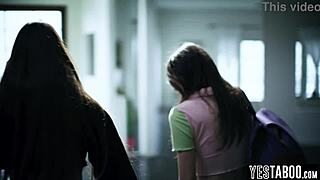 The evil brunette sneaks in and seduces her stepsister's petite lesbian teen girlfriend into hairy licking