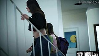 The evil brunette sneaks in and seduces her stepsister's petite lesbian teen girlfriend into hairy licking