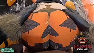 brazilian milf gets bbc pounding her halloween jack olantern pussy in homemade interracial quickie