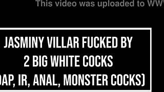 Feel the raw passion as Brazilian ebony princess Jasminy Villar takes two huge white cocks in DAP interracial anal gape prolapse