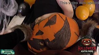 brazilian milf gets bbc pounding her halloween jack olantern pussy in homemade interracial quickie