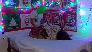 stepmom in sexy christmas outfit flashes tits while arranging decor with stepson leading to excited homemade fucking