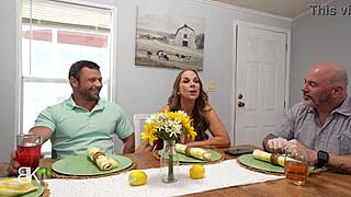 stepmom cougar seduces stepson big cock cheating. stepdad clueless on work call milf licks