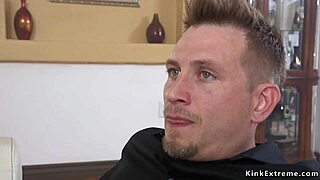 Blonde slave bound tight in ropes. Rough pussy fuck submission follows