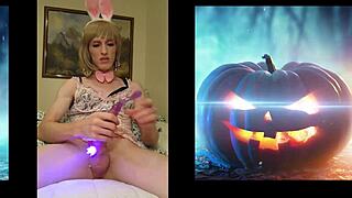 Halloween shemale's big dick explodes in cumshot!