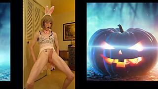 Halloween shemale's big dick explodes in cumshot!