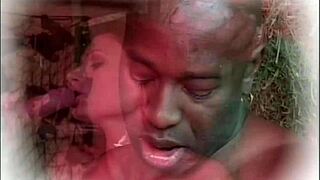 white slut rides big black cock cowgirl then bends for threesome deepthroat cumshot in stable