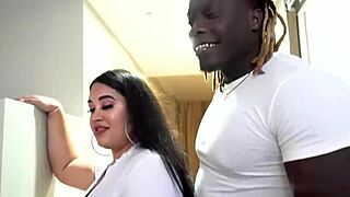 two latinas deepthroat big black cocks in hallway post-concert