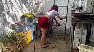 oh man my stepdaughter's skirt ass cleaning that patio is too tempting