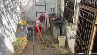 oh man my stepdaughter's skirt ass cleaning that patio is too tempting