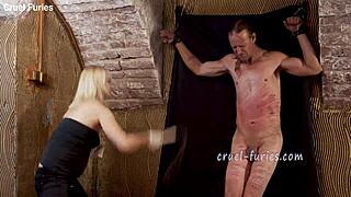 Cruel Blonde Milf Mistress Brutally Whips Submissive Guy's Aching Cock