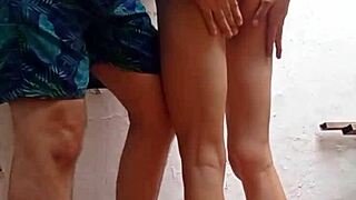 bareback doggystyle pounding neighbor's pussy on backyard balcony homemade