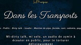 French tease dirty talks while masturbating public transport