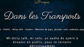 French tease dirty talks while masturbating public transport