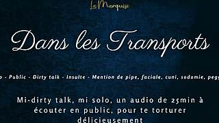 French tease dirty talks while masturbating public transport