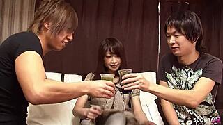 Two best friends convince virgin classmate for mmf double creampie defloration.